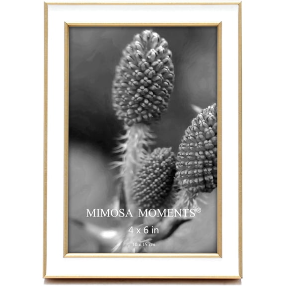 JJEAN-4x6 Brass & White Picture Frame, Enamel Accent with Metallic Trim, Recycled Polystyrene Frame with Real Glass, Vertical/Horizontal Tabletop Display, Elegant Home Decor Gift