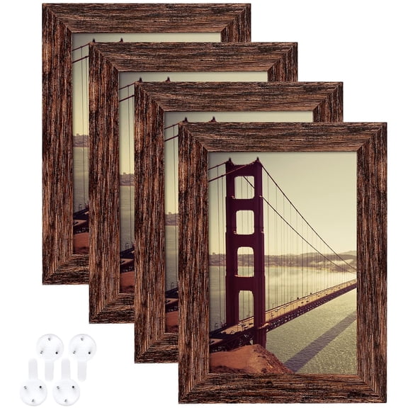 JJEAN-4x6 Picture Frame Rustic Brown Wood Pattern Set of 4,Display Photos 3.5x5 with Mat or 4x6 Without Mat, Horizontal and Vertical Formats for Wall and Table Mounting