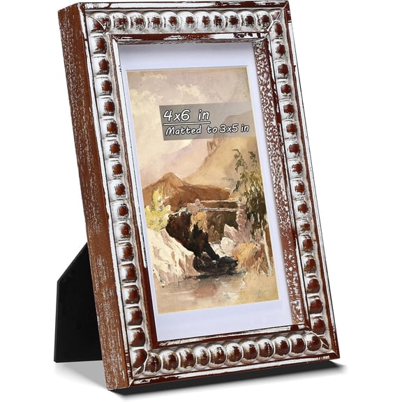 JJEAN-4x6 Rustic Picture Frame with Mat for 3x5, Decorative Distressed Beaded Wooden Real Glass, Vertical or Horizontal Display Photo Gallery Wall & Tabletop Frame, White Washed Brown
