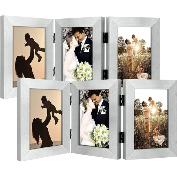 JJEAN-, 4x6 Three Picture Frame Trifold Hinged Photo Frame with 3 Openings, Desk Top Family Picture Collage, with Real Glass (4x6 Triple, Silver, 2-Pack)