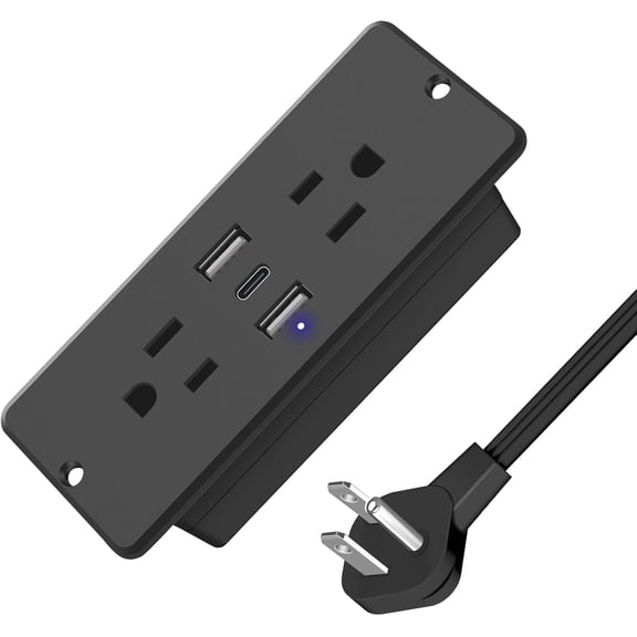 JJEAN-5 in 1 Recessed Power Strip Flat Plug, 20W Fast Charging Furniture Outlet with USB, Conference Recessed Socket with 2 AC Plugs, 2 USB Ports 1 USB-C, 6ft Power Cord. (Black)