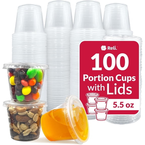 JJEAN-5.5 oz Condiment Containers with Lids (100 sets) | Ideal for Sauce, Souffle, Samples, Jello Shot Cups | Disposable, BPA-Free Plastic | Small Containers 5.5oz, Bulk
