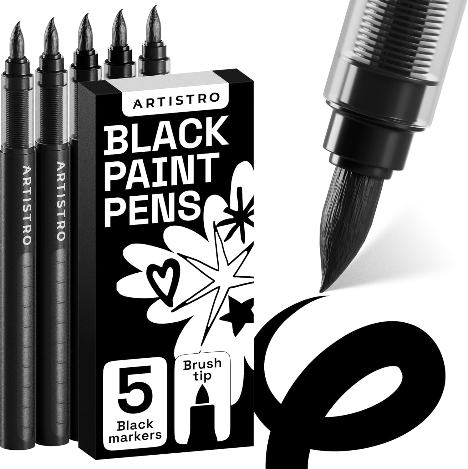 JJEAN-5 Black Paint Pen for Rock, Glass, Ceramic, Wood, Tire, Fabric, Metal, Canvas, Marking, Painting - Set of 5 Acrylic Paint Markers Water-based - Brush Tip with Automatic Ink Control System