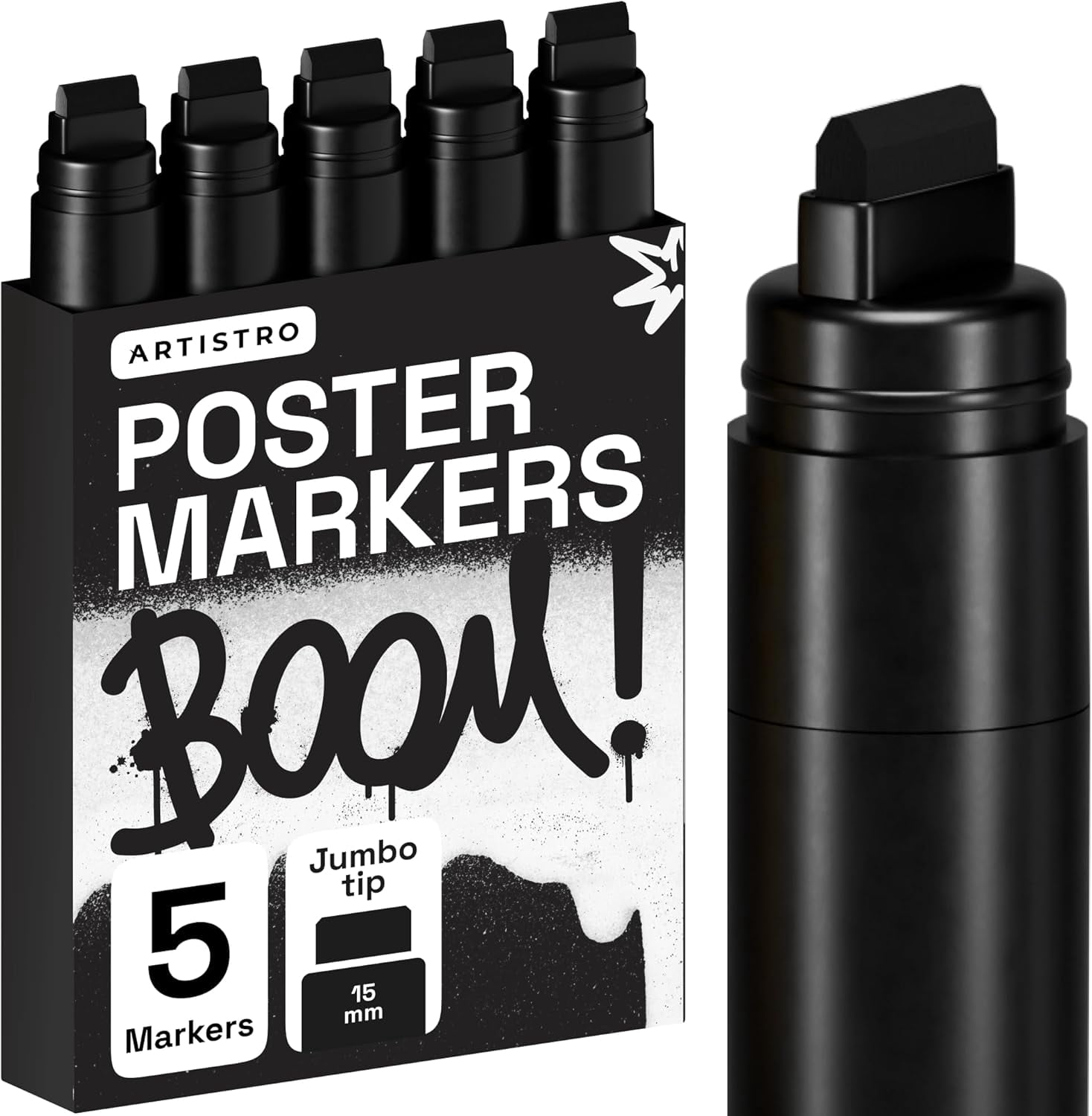 JJEAN-5 Black Paint Pen for Rock, Glass, Ceramic, Wood, Tire, Fabric, Metal, Canvas, Marking, Painting - Set of 5 Acrylic Paint Markers Water-based - Jumbo Tip