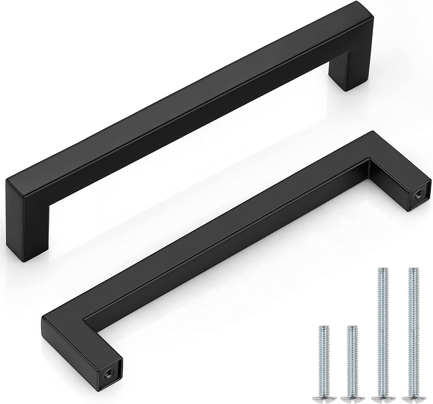 JJEAN-(5 Pack) Matte Black Square Drawer Pulls 6-3/10 Inch(160mm) Hole Center Cabinet Handles for Kitchen Bathroom Stainless Steel Modern Cabinet Hardware
