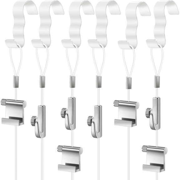 JJEAN-5 Pcs Picture Rail Hanging System Kit Picture Rail Hooks Molding Hangers with Invisible Nylon Cord and Adjustable Hooks for Exhibition, Art Gallery Supplies, White (71" Clear Perlon Cord,White)