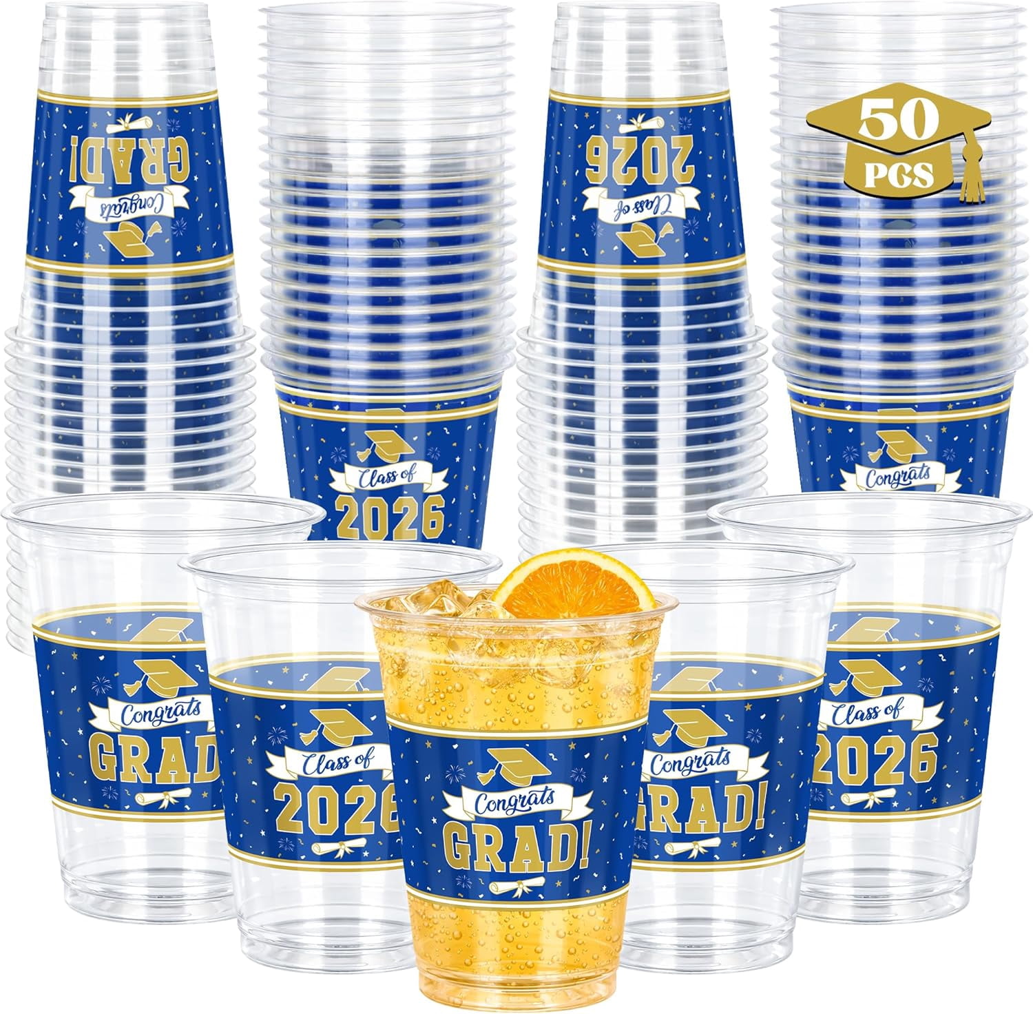 JJEAN-50 PCS Blue Gold Graduation Decorations, 14 OZ Graduation Cup ...