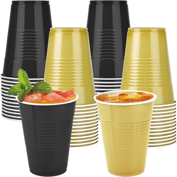 JJEAN-50 Pack 16 Ounce Disposable Plastic Cups Black and Gold Plastic Party Cups Heavy Duty Drinking Cup Bulk for Party Graduation Wedding Birthday Halloween Festival Supplies