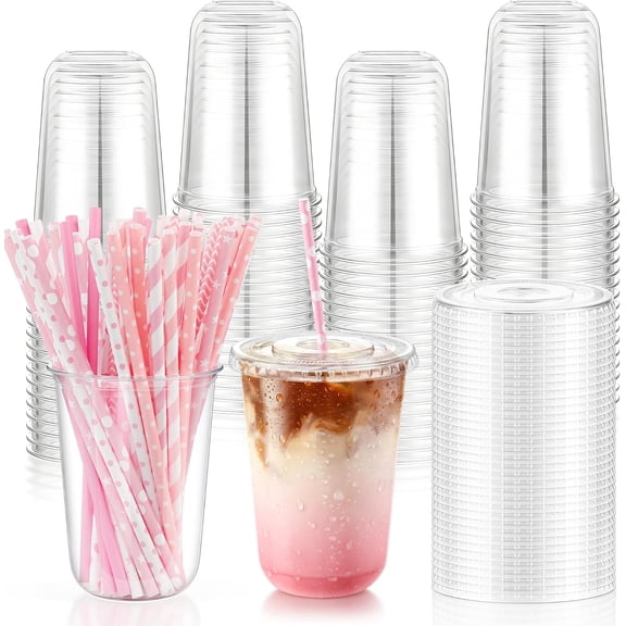 JJEAN-50 Pack 16oz Clear Plastic Cups with Lids & Pink Paper Straws, Disposable Round Bottom Cup for Iced Coffee Juice Cocktails Smoothies, To Go Drinking Cup for Party Picnic Gathering Supplies
