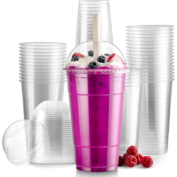 JJEAN-50 Pack 24 oz Disposable Plastic Coffee Cups with Dome Lids, To Go Iced Coffee Cups with Lids, BPA Free Clear Parfait Cups for Party, Smoothie, Bubble Boba, Juice, Frappuccino, Milkshake