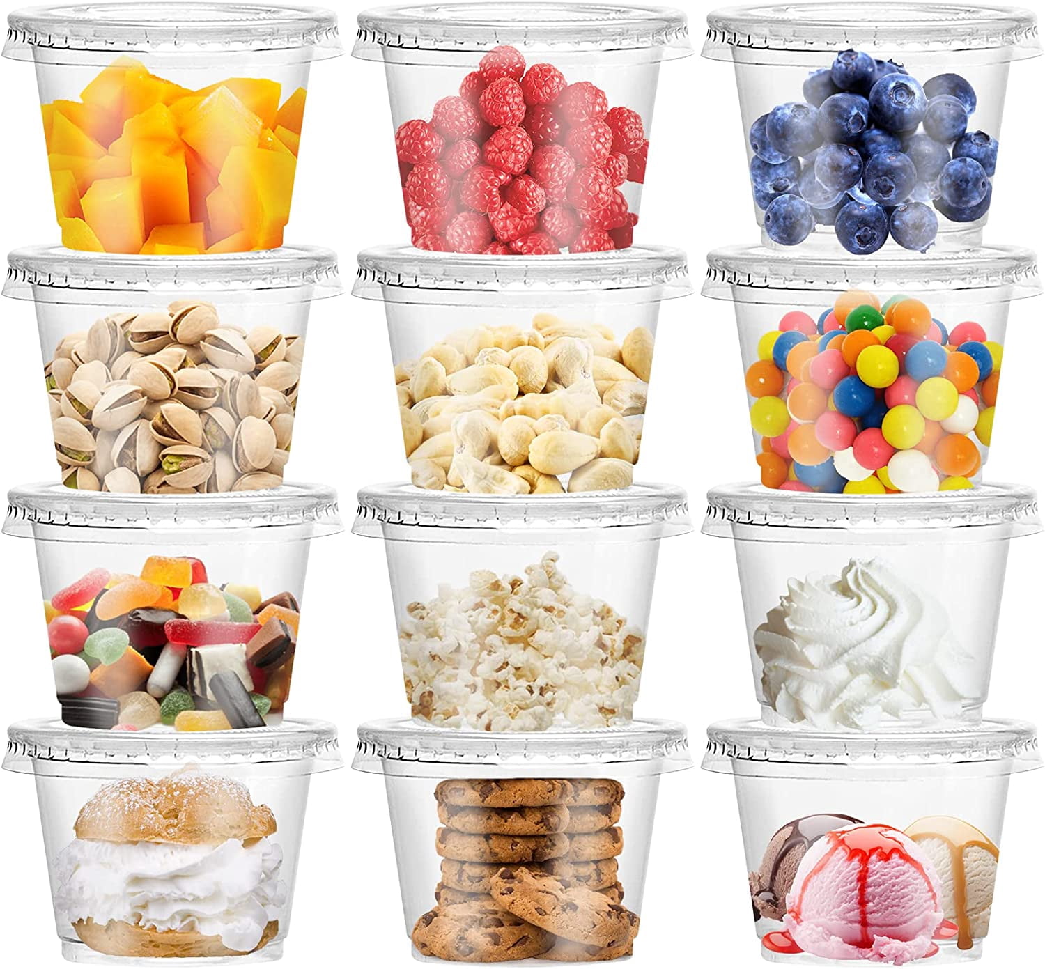 JJEAN-50 Pack 8 OZ Disposable Plastic Cups with Lids,Clear Portion Cups with Flat Lids,Disposable Clear Ice Cream Cup for Parfaits,Yogurt,Drink,Soups,Snacks,Salad,Fruit(With Holes)