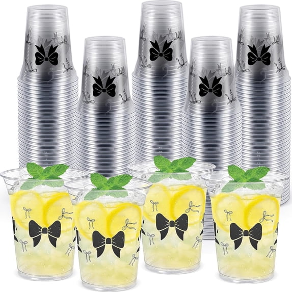 JJEAN-50 Pcs Black Bow Cups 12 oz Bow Birthday Plastic Cups Clear Bachelorette Disposable Glasses Coquette Theme Drinking Glasses for Home Kitchen Wedding Party Favors Supplies Decoration(Black)