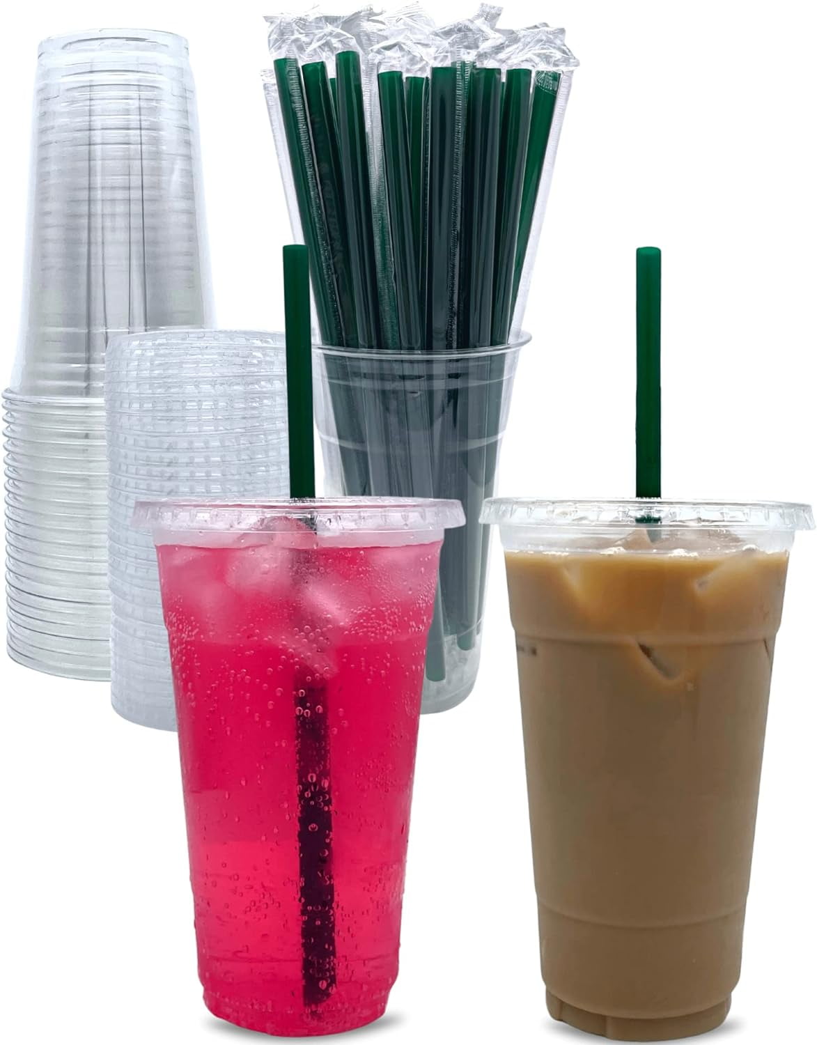 JJEAN-[50 Sets] 24 oz Clear Plastic Cups with Lids and STRAWS, Disposable Party Cups for To Go Iced Coffee Cold Drinks, Smoothie, Juice, Parfait, Frappuccino, Milkshake. No Leaking Fruit Cup