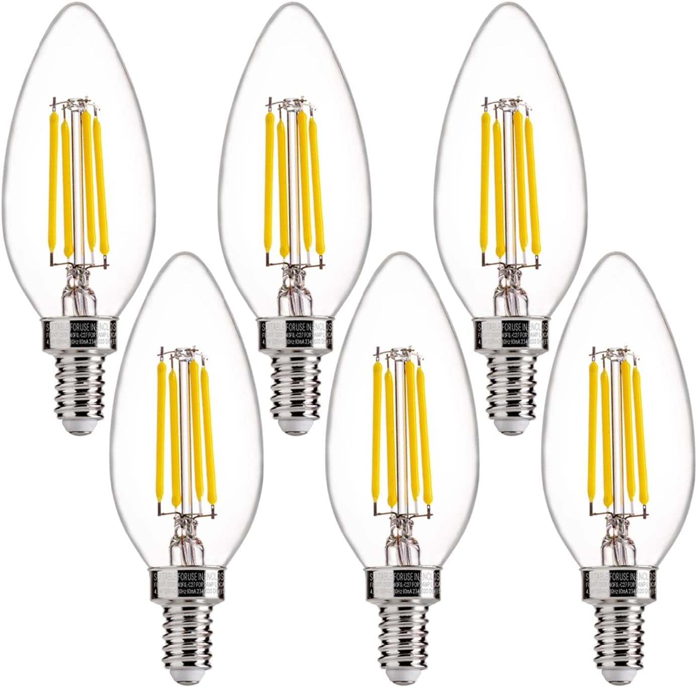 JJEAN-5000K Daylight B10 Dimmable 4W LED E12 Candelabra Bulbs, 40W Equivalent LED Chandelier Candle Bulbs, Clear Glass Finishing, 6 Pack UL,CA65 Listed.