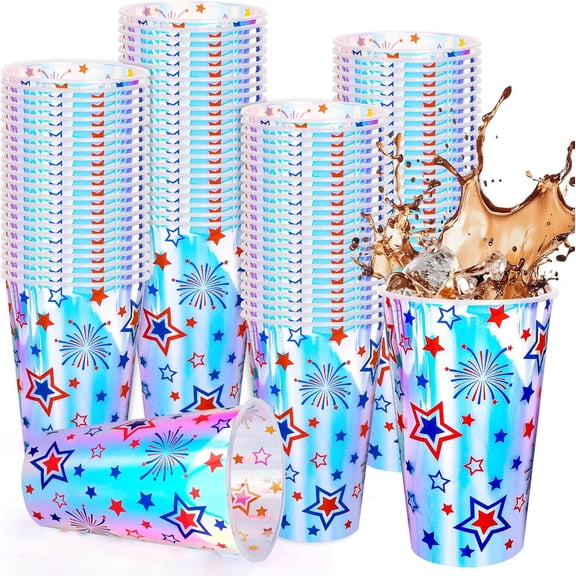 JJEAN-50Pcs Iridescent Patriotic Plastic Cups 16Oz American Stars Firework Holographic 4th of July Disposable Cup Red Blue Cold Beverage Drinking Cup for Independence Day Supplies