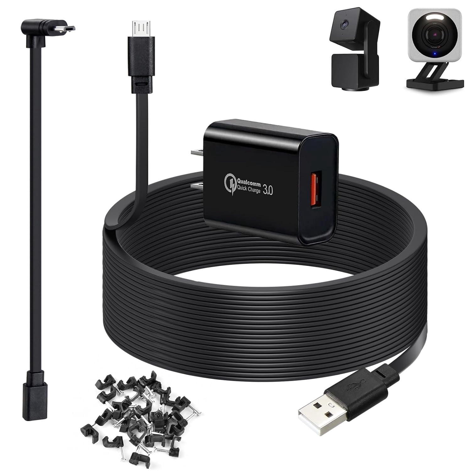 JJEAN-50ft Power Cord for Wyze Cam v4, Wyze Cam Pan v3, Wyze OG, Wyze v3 Pro Security Cameras - 15m Long Flat Extension Micro USB Charging Cable with L-Shaped Short Adapter and 18W Fast Charger, Blac