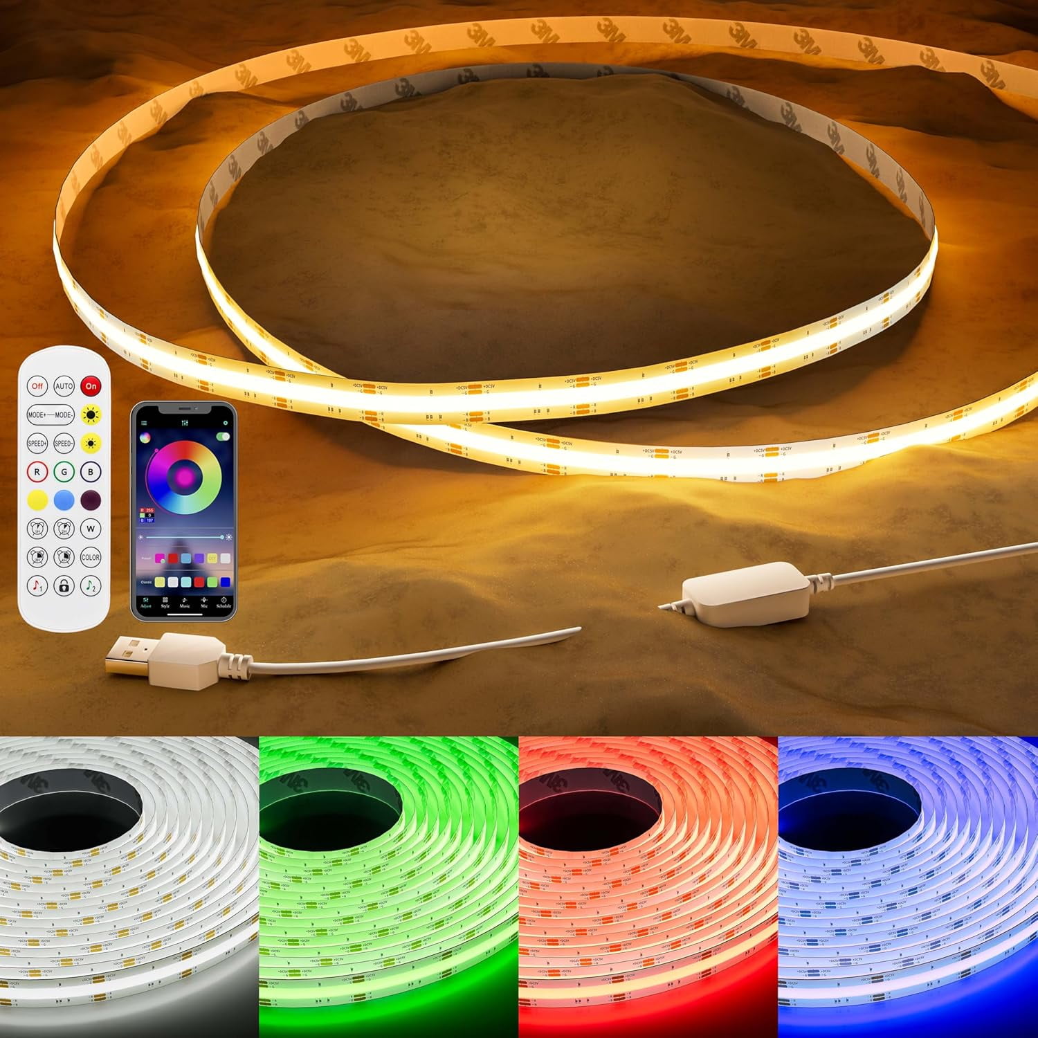 JJEAN-5V USB RGB COB LED Strip Light 4.92ft/1.5m Color Changing Strip Lights,TV Backlight Multicolor Flexible Under Cabinet Tape Lights with Bluetooth Control for Bedroom,Kitchen,Home DIY Lighting