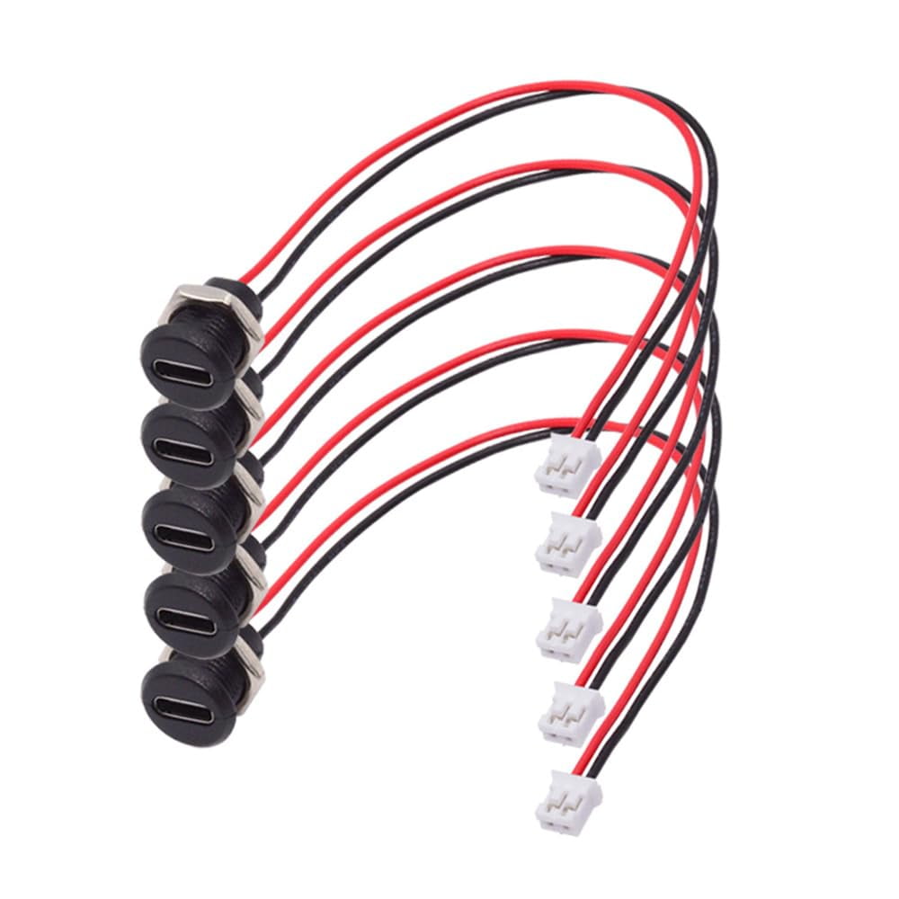 JJEAN-5pcs DIY OEM Type C Female Socket to 2Pin Header Wire Extension DC 5V Power Cord Pitch=2.0mm Panel Mount USB C Waterproof Jack 17.5cm