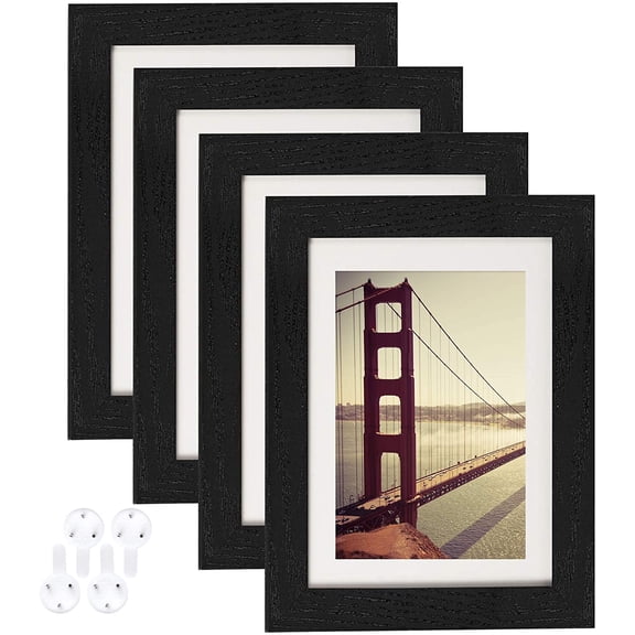JJEAN-5x7 Picture Frame Black Wood Pattern Set of 4,Display Pictures 4x6 with Mat or 5x7 Without Mat, Horizontal and Vertical Formats for Wall and Table Mounting