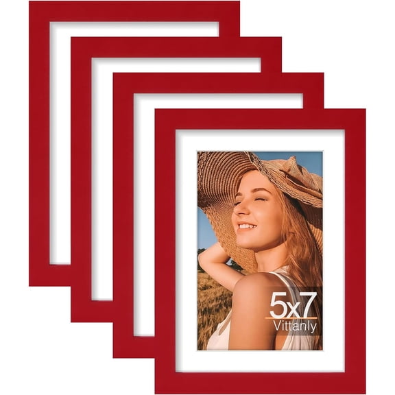 JJEAN-5x7 Picture Frame Set of 4, Display Pictures 4x6 with Mat or 5x7 without Mat, Small Photo Frames for Wall or Tabletop Display, Engineered Wood with Shatter Resistant Plexiglass, Red