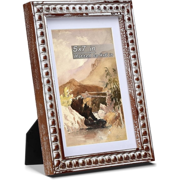 JJEAN-5x7 Rustic Picture Frame with Mat for 4x6, Decorative Distressed Beaded Wooden Real Glass, Vertical or Horizontal Display Photo Gallery Wall & Tabletop Frame, White Washed Brown