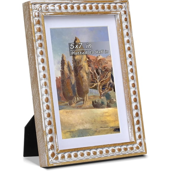 JJEAN-5x7 Rustic Picture Frame with Mat for 4x6, Farmhouse Boho Deco Distressed Beaded Wooden Real Glass, Vertical or Horizontal Display Photo Gallery Wall & Tabletop Frame, Natural
