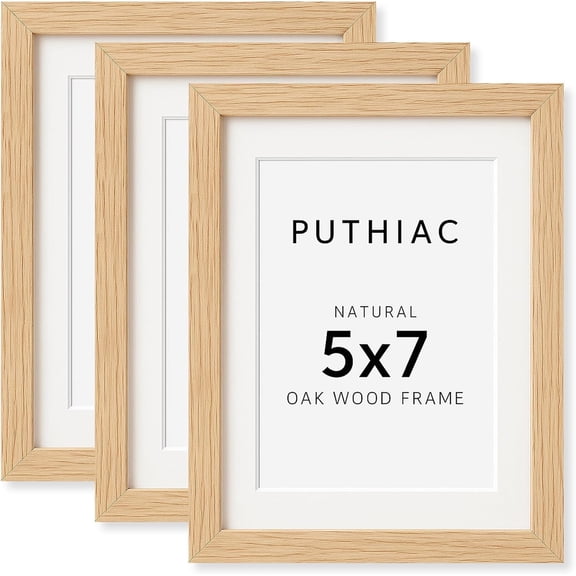 JJEAN-5x7 Solid Oak Wood Picture Frame, Fits 4x6 with Mat or 5x7 Without Mat, Wall or Tabletop Display with Stand, Vertical or Horizontal, Plexi Front, 3 Pack, Natural Oak