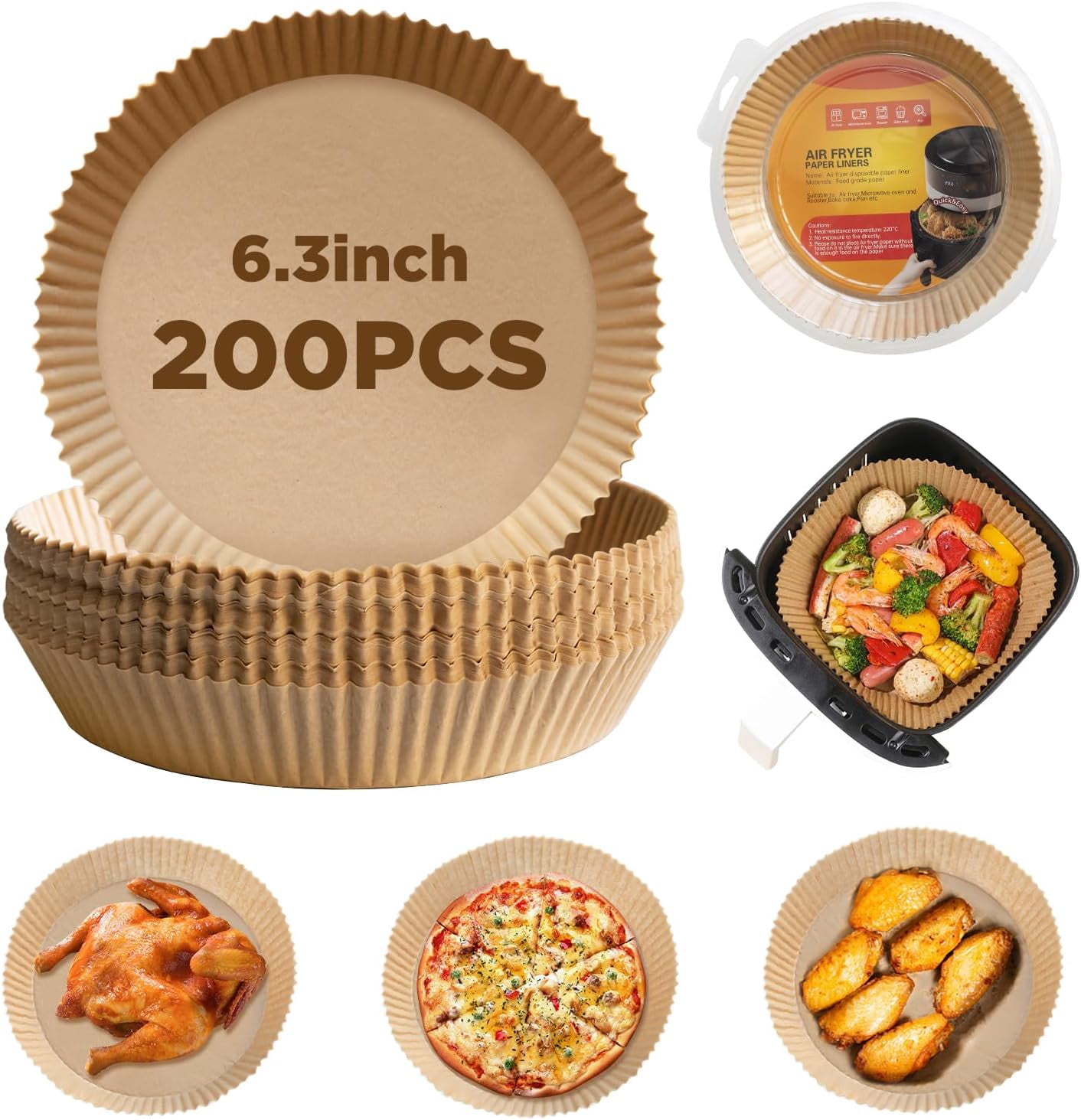 JJEAN-6.3'' Air Fryer Liners Disposable Round Air fryer Liners, 200Pcs Air Fryer Paper 16cm Round Non-Stick for Air Fryer, Microwave, Oven, Steamer, Easy Clean, Heat Resistant Cooking