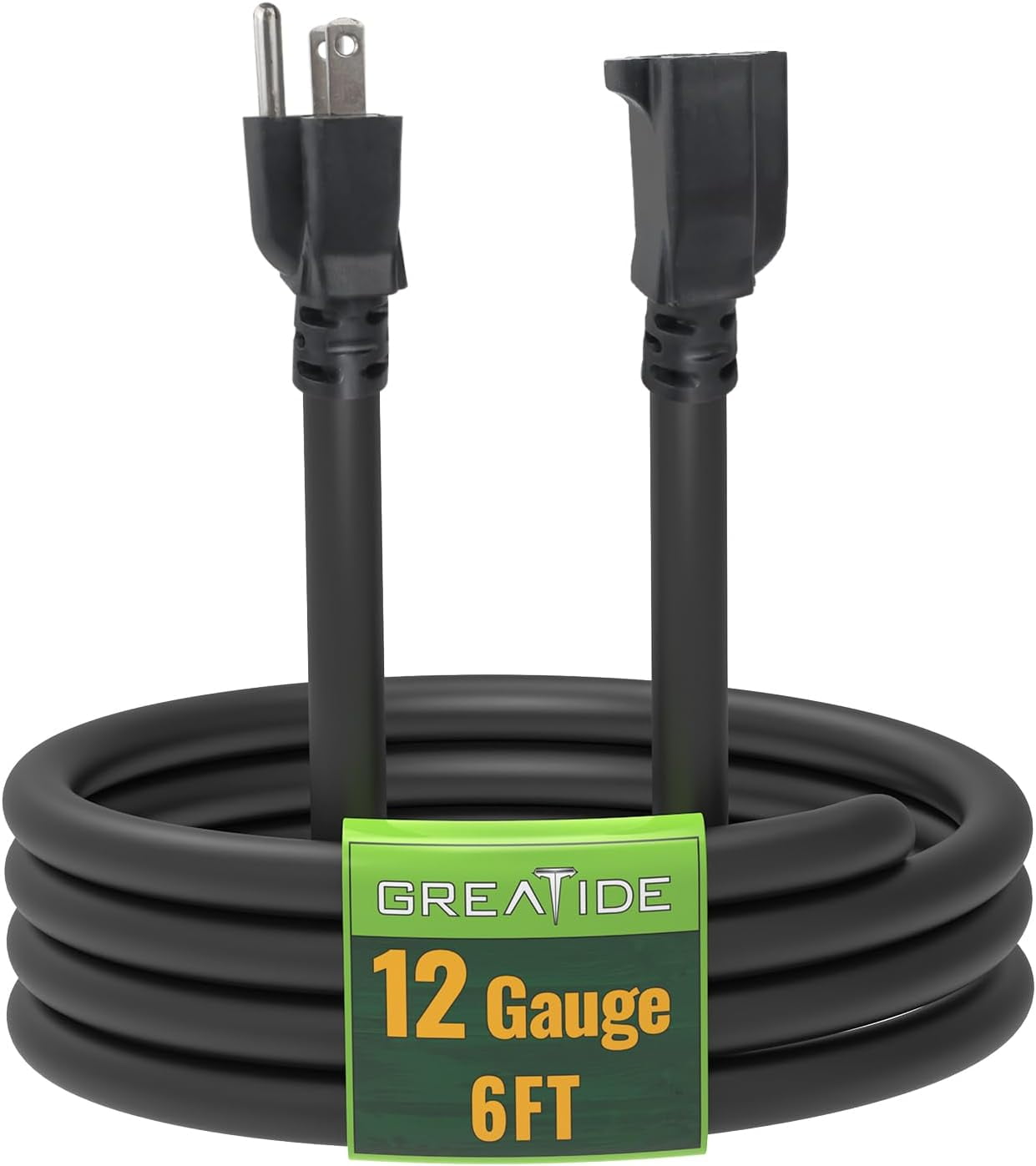 JJEAN-6 Ft Outdoor Extension Cord - 12/3 SJTW Heavy Duty Black Extension Cable with 3 Prong Grounded Plug - Power Cord for Lawn, Garden, Appliances