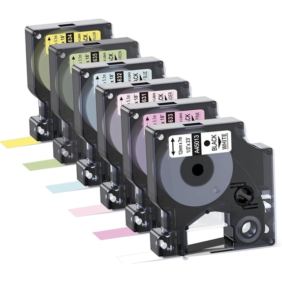 JJEAN-6-Pack Compatible with Dymo D1 Label Tape 12mm 0.47" D1 Label Maker Refills Work with DYMO LabelManager 160 280 420P COLORPOP Labeler