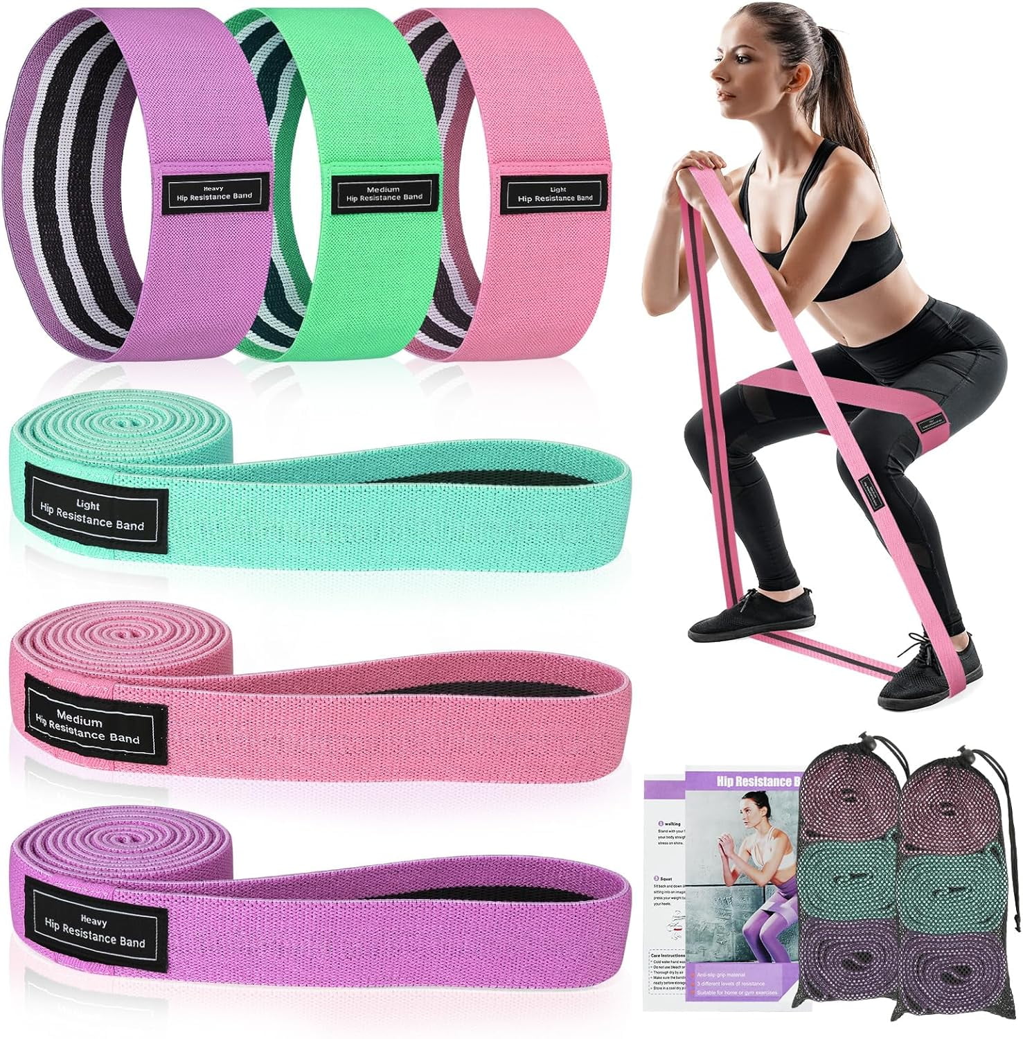 JJEAN-6 Pack Fabric Resistance Bands for Working Out, 3 Levels Exercise Bands Resistance, Non-Slip Elastic Bands for Exercise, Booty Bands for Women for Gym, Yoga, Pilates