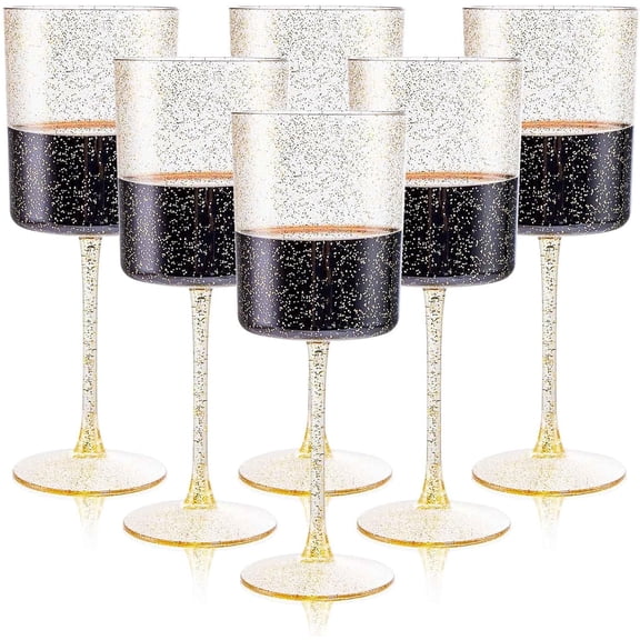 JJEAN-6 Pack Gold Plastic Wine Glasses - 10 Oz Disposable Glasse with Stem - Disposable Wine Glasses Perfect for Parties & Weddings & Poolside & Outdoors & Camping