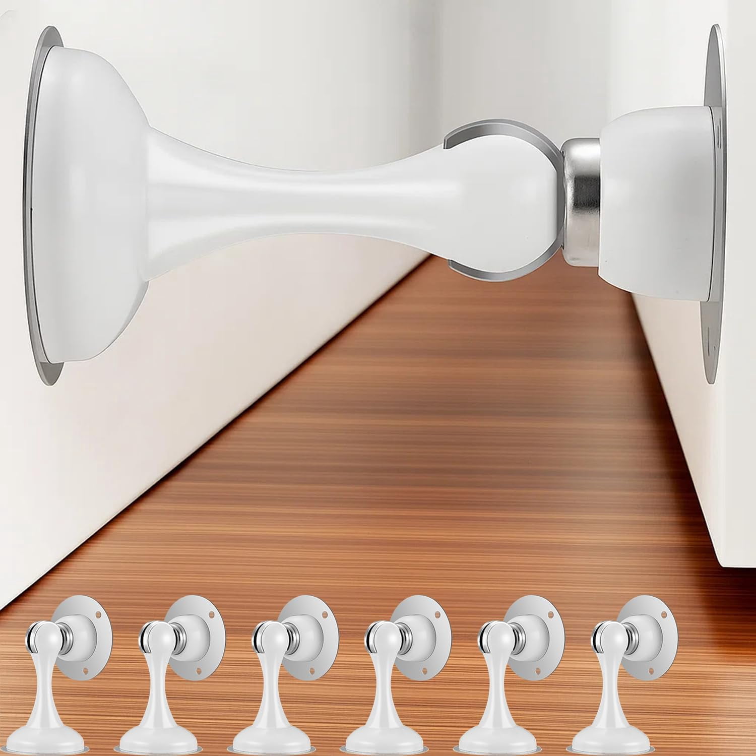 JJEAN-6 Pack Magnetic Door Stop No Drilling Door Stop with 3D Adhesive Tapes Keep Door Open Door Stainless Steel Screws for Stronger Mount (White)