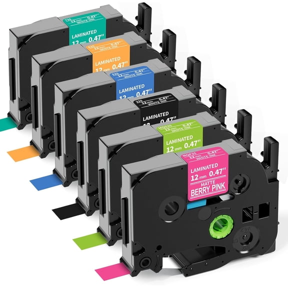 JJEAN-6-Pack Replace Brother P Touch Label Tape, TZe TZ Tape 12mm 0.47 Laminated Color Label Maker Tape for Brother PT-D210 PT-H110 PT-D220 PT-D400, White on Pink/Lime Green/Orange/Blue/Green/Black