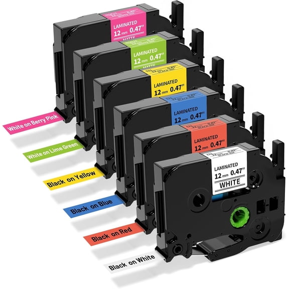 JJEAN-6 Pack Replacement for Brother Label Maker Machine TZe 12mm 0.47 Ribbon Laminated TZ Colored Refills Compatible with Brother P Touch PT-D210 D220 H110 1000 1280 D400 Cube, 1/2" x 26.2'