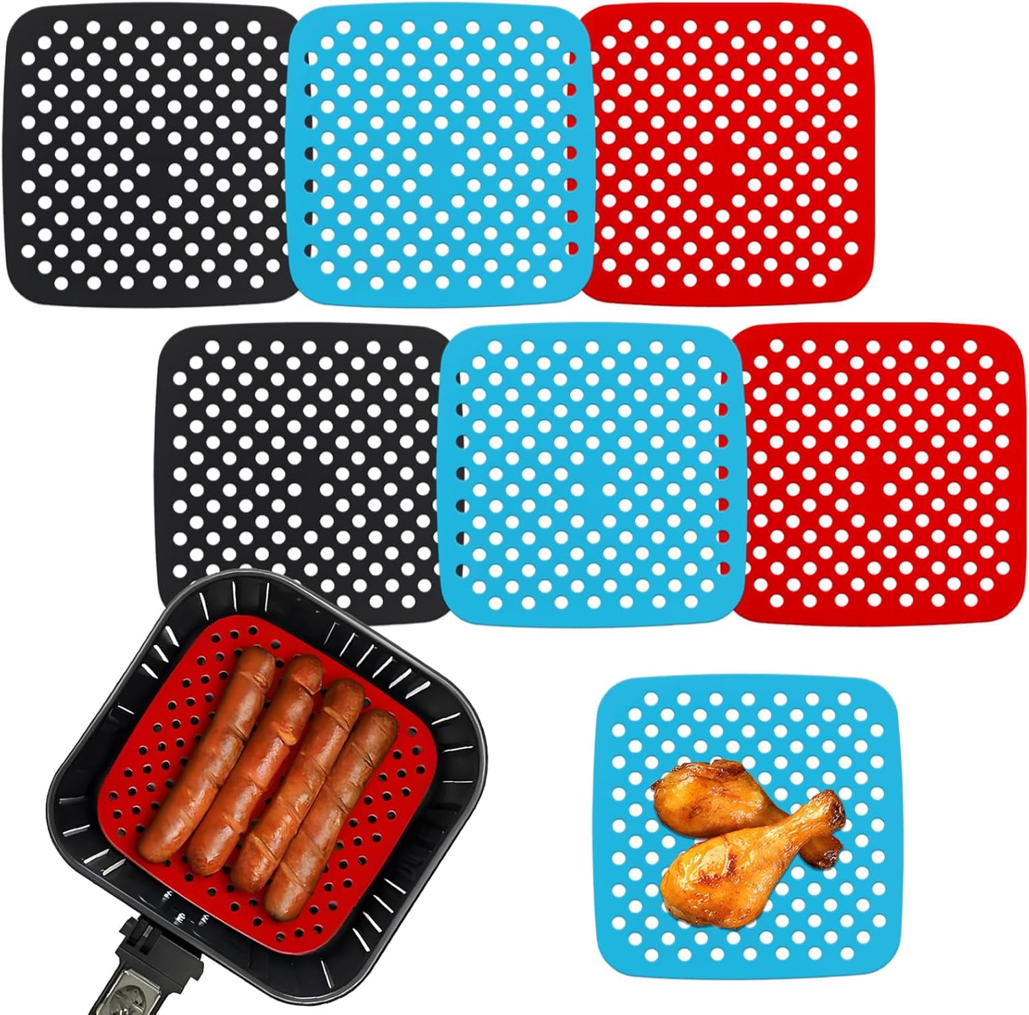 JJEAN-6 Pack Square Silicone Air Fryer Liners – 8.5 Inch / 21.6 cm Reusable Nonstick Mats – Heat-Resistant, Dishwasher Safe Air Fryer Accessories – Black, Red, Sky Blue