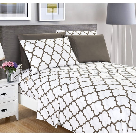 JJEAN-6-Piece Quatrefoil Printed Deep Pocket Bed Sheet Set, Luxurious Silky 1500 Thread Count Bed Sheet Set Ultra Soft Wrinkle Resistant Bedding Set, Full, White