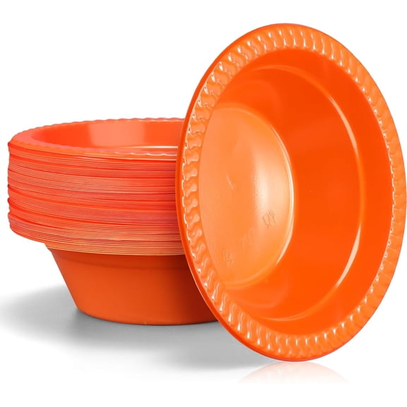 JJEAN-60 Pack 12oz Orange Disposable Plastic Bowls Dessert, Ice Cream, Salad, Soup Serving Cups for Party, Picnic, Food Snacks (Orange)