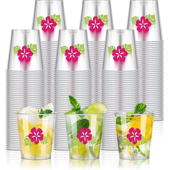 JJEAN-60 Pcs Hibiscus Shot Glass 2 oz Tropical Luau Plastic Party Cups Luau Hibiscus Mini Cup Small Plastic Shot Glasses Bulk for Bachelorette Birthday Adult Summer Beach Party Favors Supplies