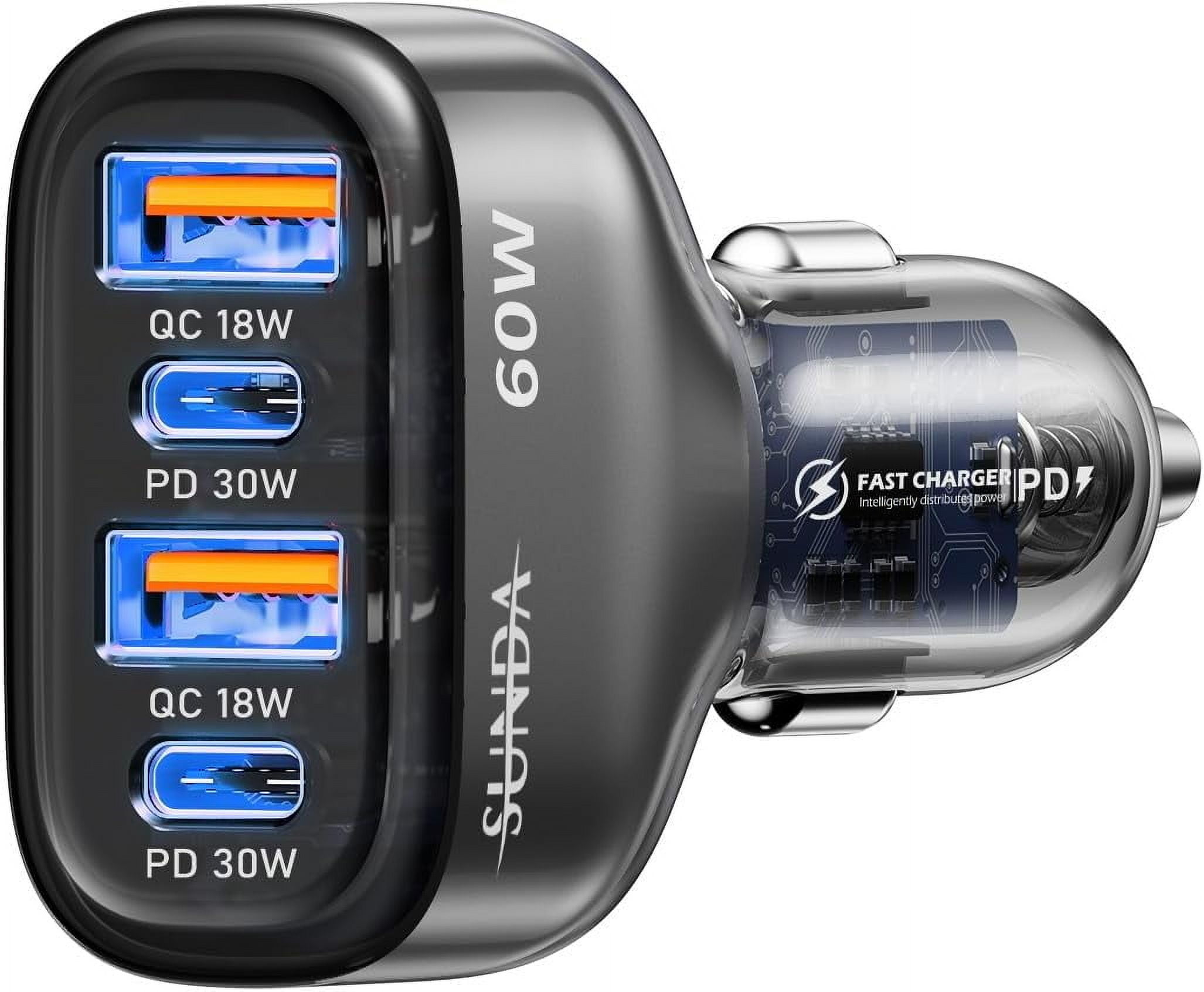 JJEAN-60W USB C Fast Car Charger, 4-Ports Car Charger Adapter, Dual Type C PD30W/PPS30W Compatible with iPhone17/16 Pro/Max/iPhone15/Galaxy/SamsungS25, Dual USB-A 18W QC3.0 for Android(Gray)