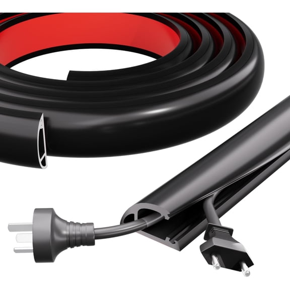 JJEAN-6FT Side-Open Extension Cord Covers for Wires on Floor,Silicone Power Cable Protector Cord Hider Management Strip,Hide Electric Wire on Carpet,Chord Runner Protective Safety,Black