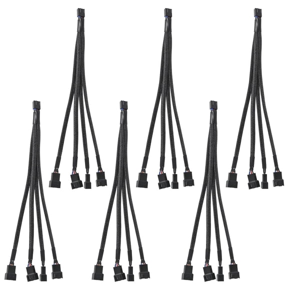 JJEAN-6Pack 1 to 4 PWM Fan Splitter Cable (4 Pin+3 Pin) for Desktop PC, 27cm/11in