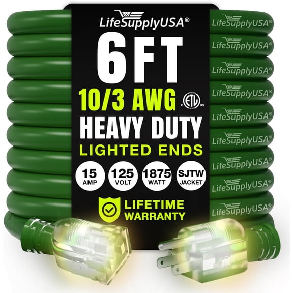 JJEAN-6ft Outdoor/Indoor Extension Cord 10/3 Gauge Ultra Heavy Duty 3 Prong SJTW, Waterproof, ETL Listed, Flexible Cold-Resistant Long Power Cord,15A 125V 1875W, Green by