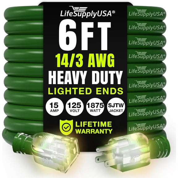 JJEAN-6ft Outdoor/Indoor Extension Cord 14/3 Gauge Heavy Duty 3 Prong SJTW, Waterproof, Flexible Cold-Resistant Long Power Cord,15A 125V 1875W, Green by
