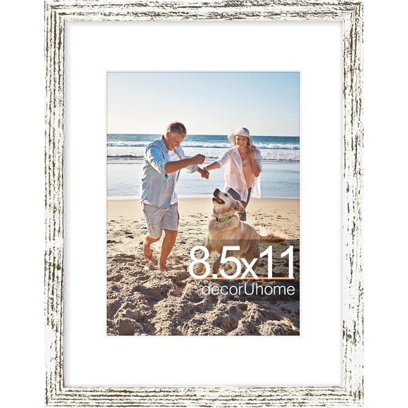 JJEAN-8.5 by 11 Picture Frame, Display Pictures 6x8 with Mat or 8.5x11 without Mat, Wall & Tabletop Display Certificate Frame, Distressed White, 1 Pack