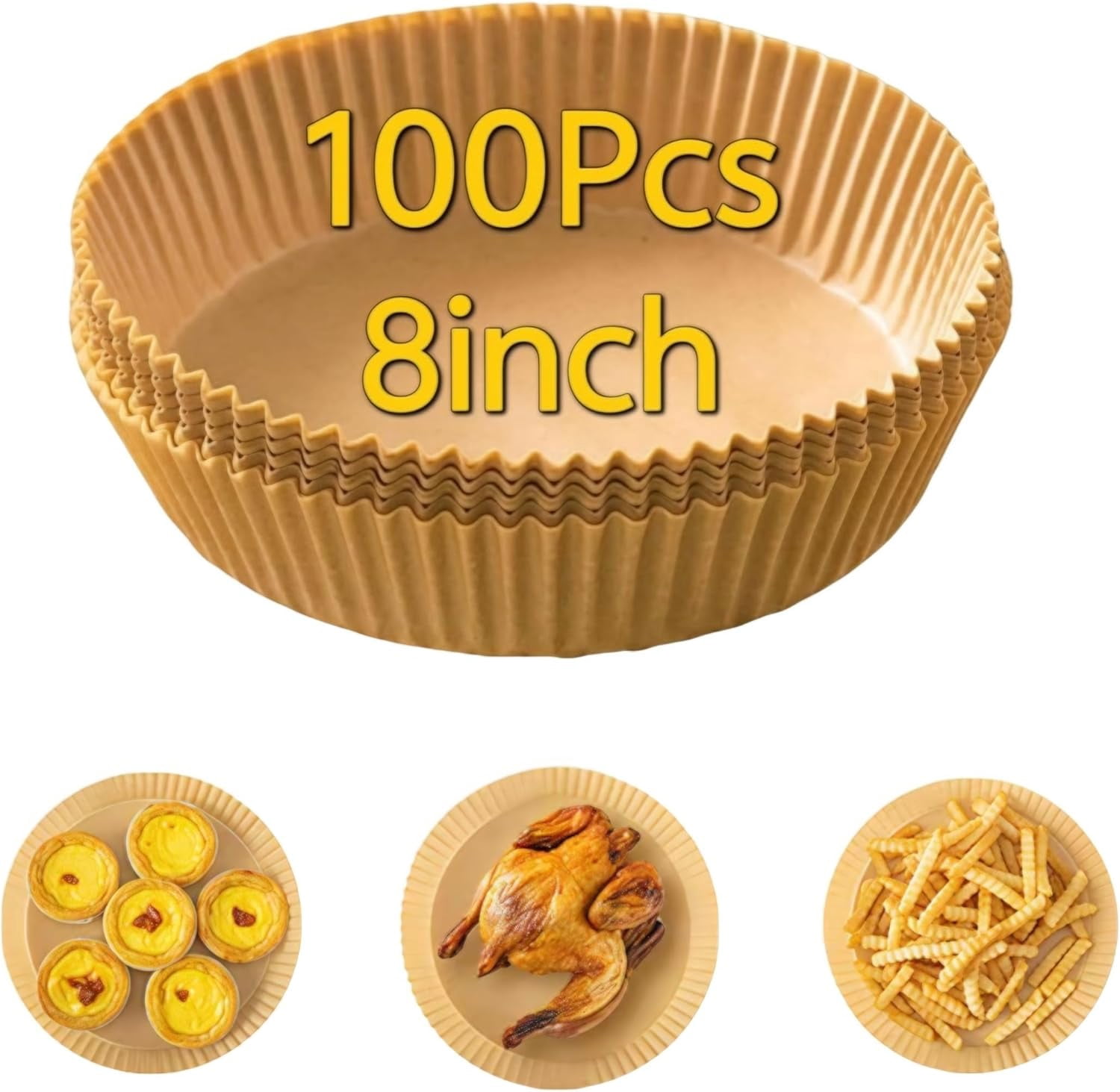 JJEAN-8 Inch Air Fryer Paper Liners - 100PCS Non-Stick Parchment Paper for Easy Cleanup & Healthy Cooking