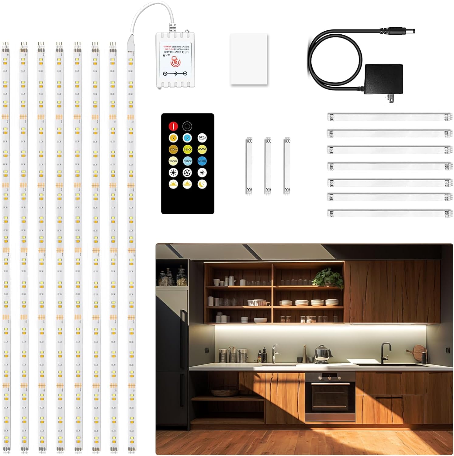 JJEAN-8 PCS Under Cabinet Lighting Kit, Bright Under Cabinet Lights, Flexible Led Strip Lights with Remote, for Kitchen Cabinets Shelf Desk Counter, 2700K-6500K Warm to Daylight White, 13.2ft