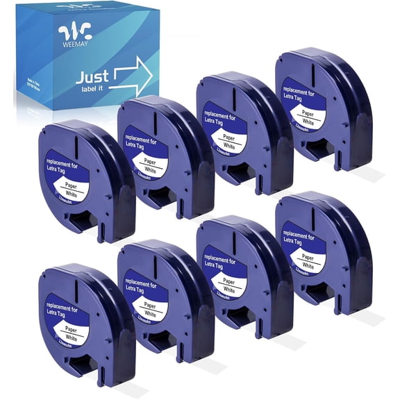 JJEAN-8-Pack 91331 Compatible for Dymo Letra Tag White Plastic Refills 12mm x 4m 1/2 x 13, Compatible with Letra Tag 200B LT-100T LT-100H LT-110T QX50 2000 Printer