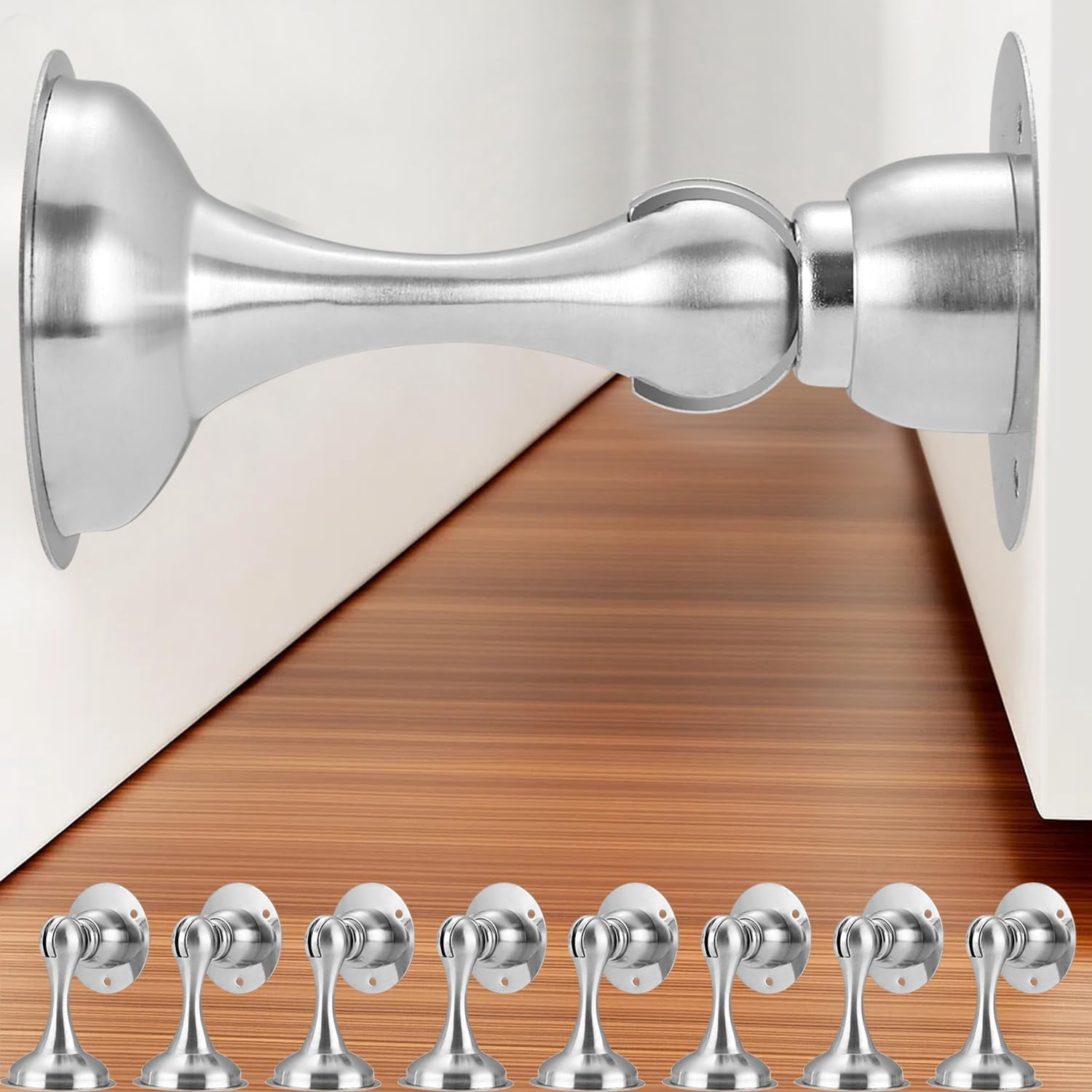 JJEAN-8 Pack Magnetic Door Stop No Drilling Door Stop with 3D Adhesive Tapes Keep Door Open Door Stainless Steel Screws for Stronger Mount (Silver)