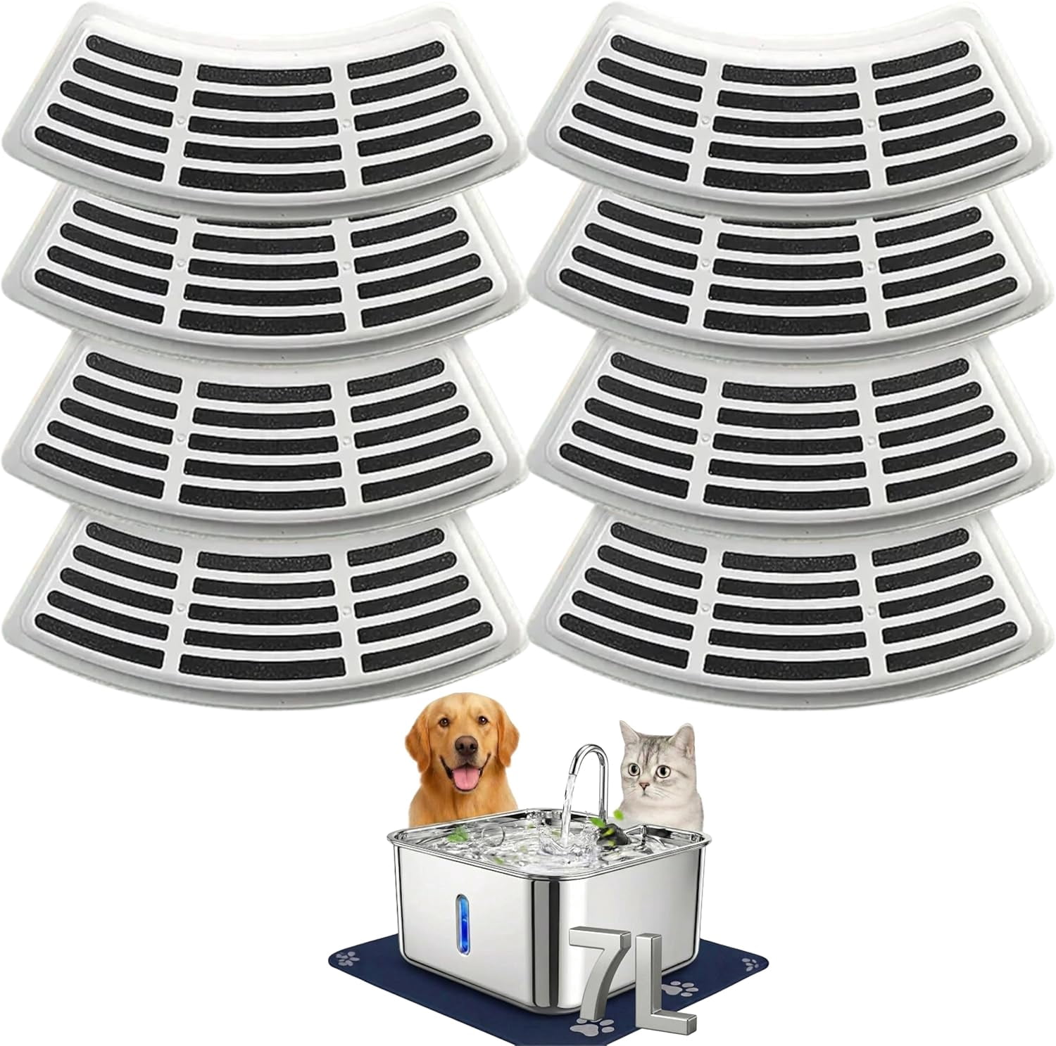 JJEAN-8-Pack Replacement Filters for Cat & Dog Water Fountain – Triple-Stage Activated Carbon, Compatible with 7L Stainless Steel Pet Fountains